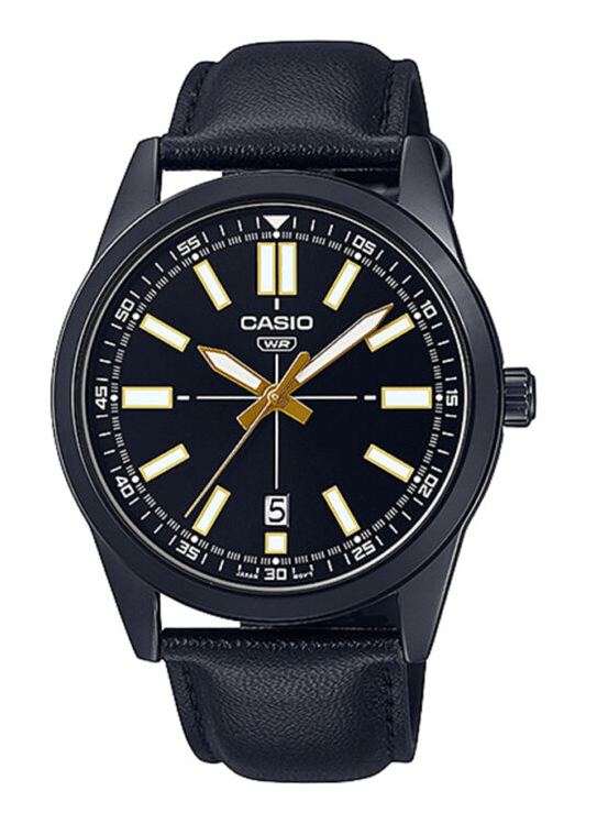 MTP-VD02BL-1EUDF Casio Black Dial Black Leather Strap Analog Quartz Men's Watch. - Timecheck