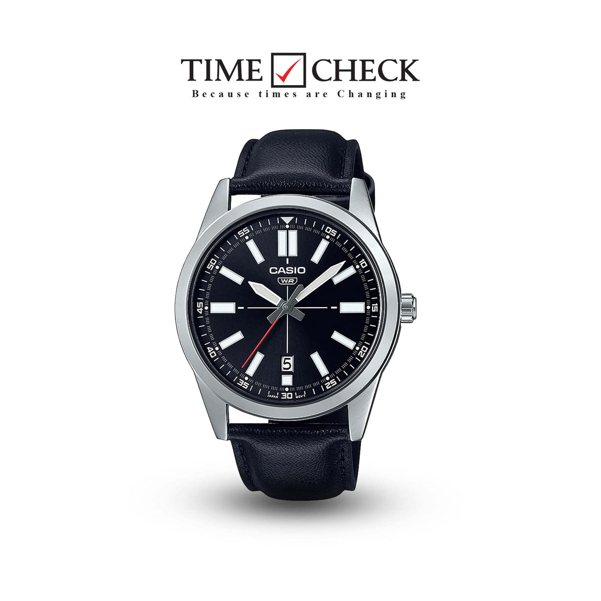 MTP-VD02L-1EUDF Casio Dress Leather Band Black Dial 3-Hand Analog Men's Watch. - Timecheck