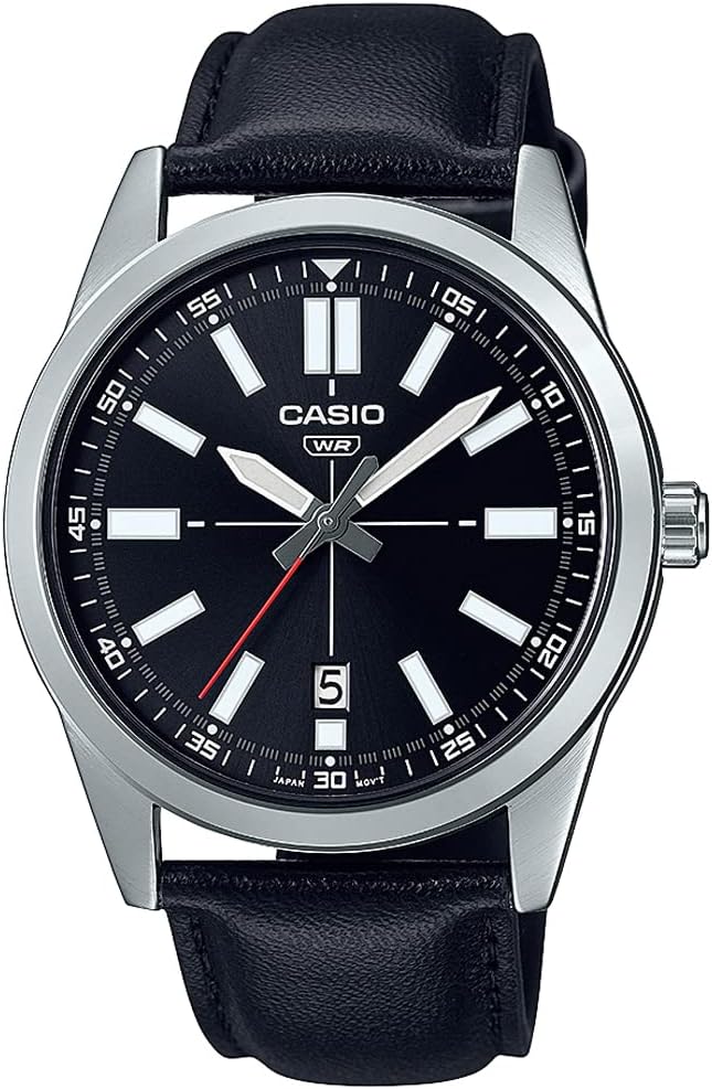 MTP-VD02L-1EUDF Casio Dress Leather Band Black Dial 3-Hand Analog Men's Watch. - Timecheck