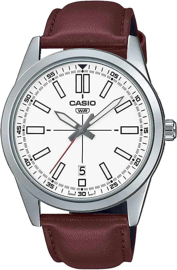 MTP-VD02L-7EUDF Casio Leather Band White Dial 3-Hand Analog Men's Watch. - Timecheck