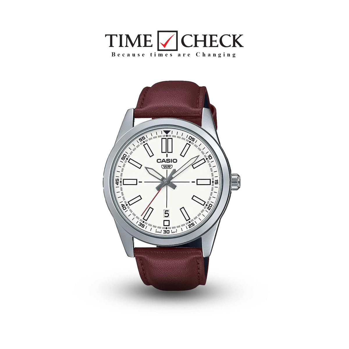 MTP-VD02L-7EUDF Casio Leather Band White Dial 3-Hand Analog Men's Watch. - Timecheck