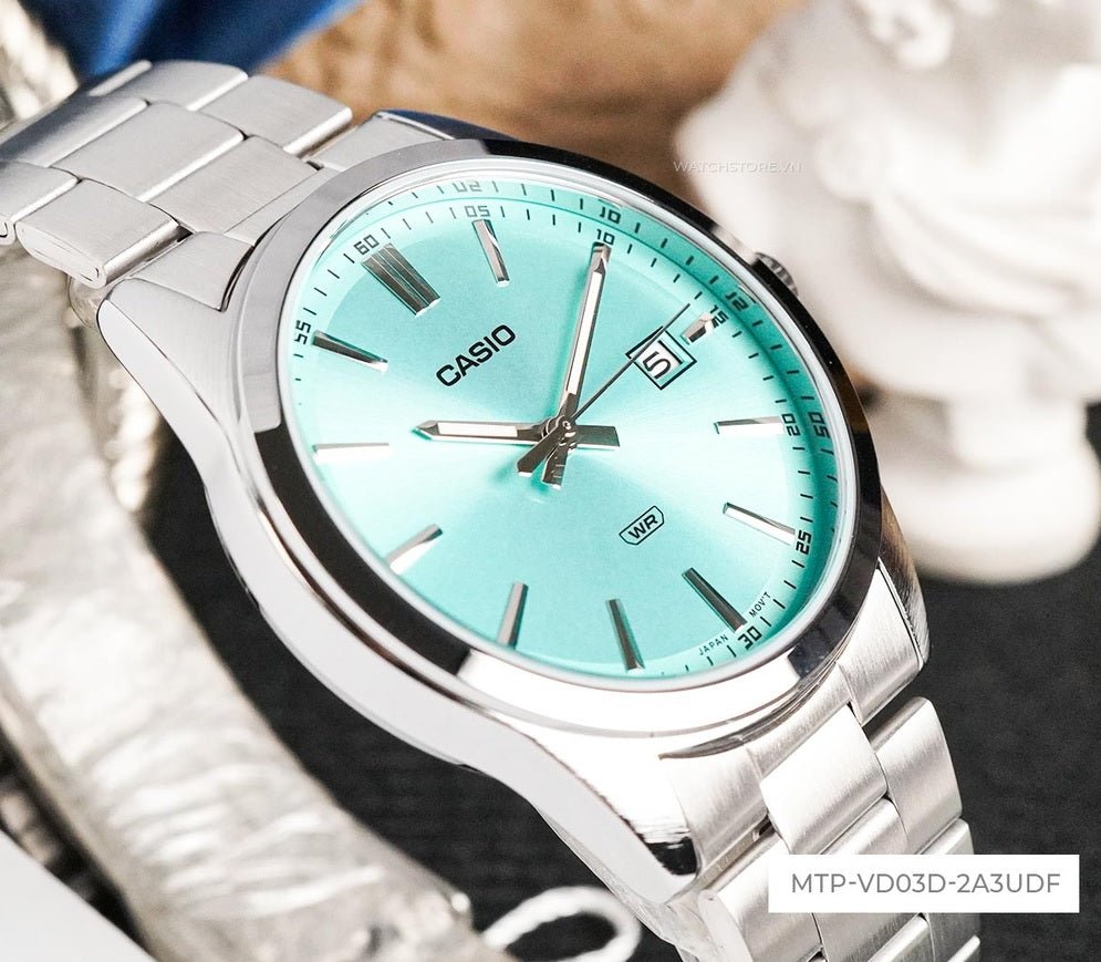 MTP-VD03D-2A3UDF Casio SEA GREEN Dial Silver Stainless Steel Analog Quartz Men's Watch. - Timecheck