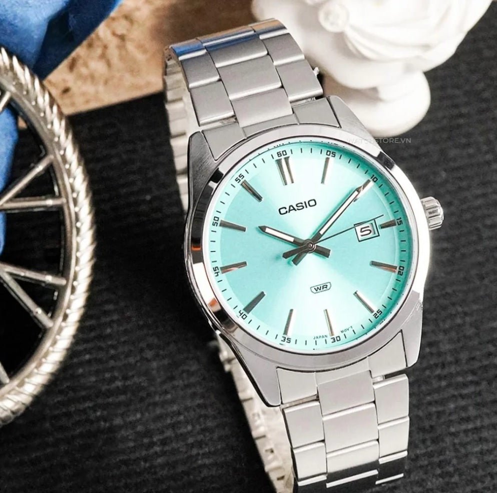 MTP-VD03D-2A3UDF Casio SEA GREEN Dial Silver Stainless Steel Analog Quartz Men's Watch. - Timecheck