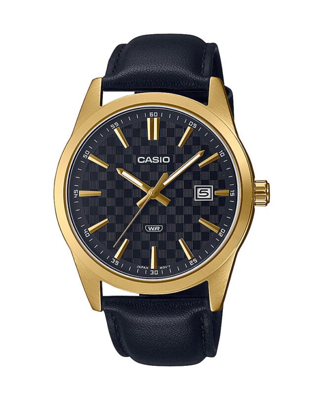 MTP-VD03GL-1AUDF Casio Black Dial Leather Strap Analog Quartz Men's Watch. - Timecheck