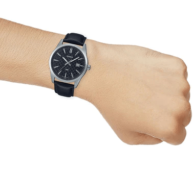 MTP-VD03L-1AUDF Casio Black Dial Black Leather Band Analog Quartz Men's Watch. - Timecheck