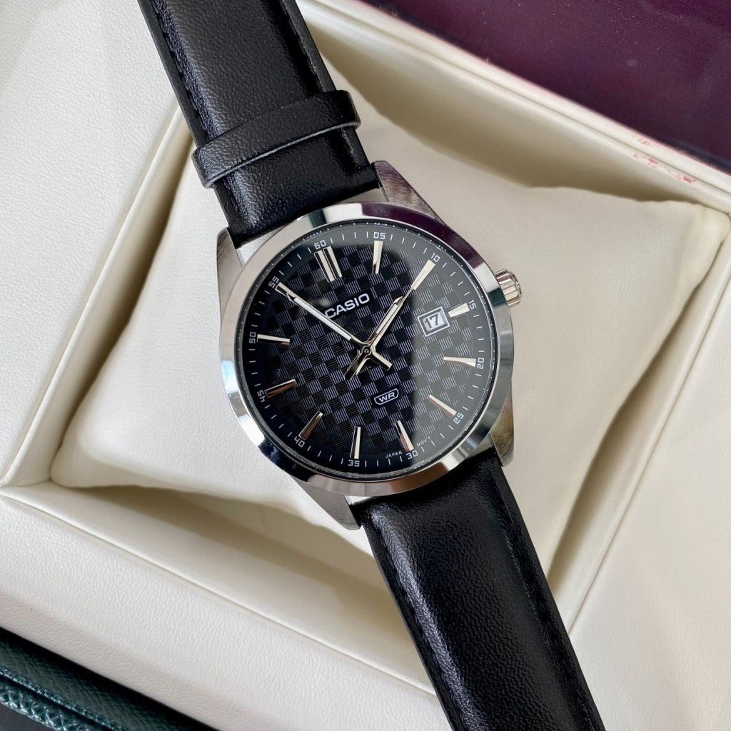 MTP-VD03L-1AUDF Casio Black Dial Black Leather Band Analog Quartz Men's Watch. - Timecheck