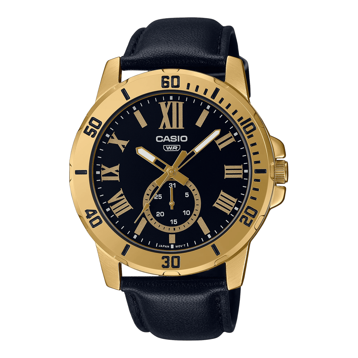 MTP-VD200GL-12UDF Casio Black Dial Black Leather Strap Analog Quartz Men's Watch. - Timecheck