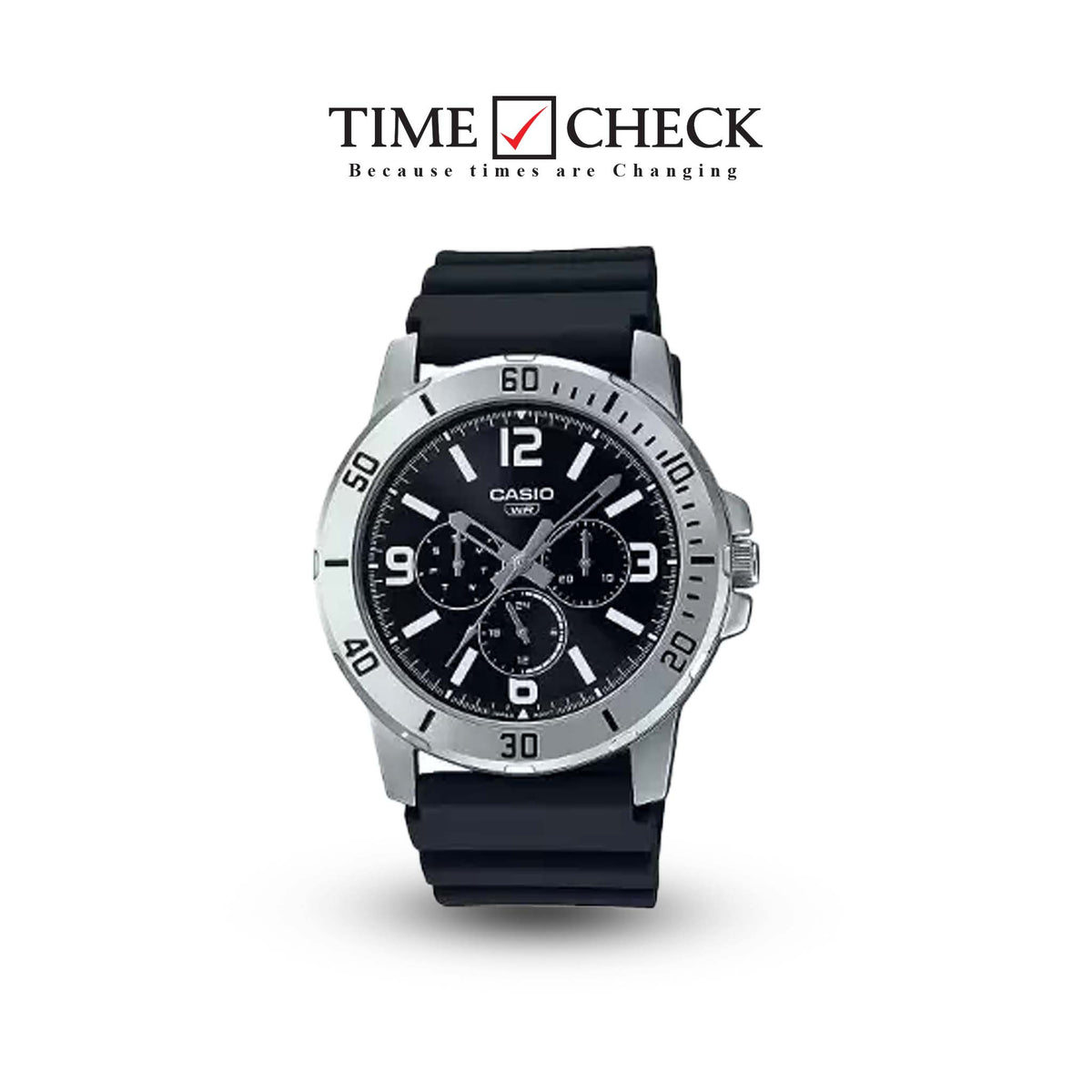 MTP-VD300-1BUDF Casio Black Dial Steel Case Black Strap Analog Quartz Men's Watch. - Timecheck