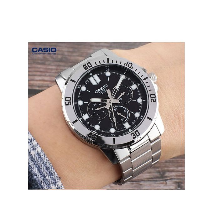 MTP-VD300D-1EUDF Casio Black Dial Silver Stainless Steel Analog Quartz Men's Watch. - Timecheck