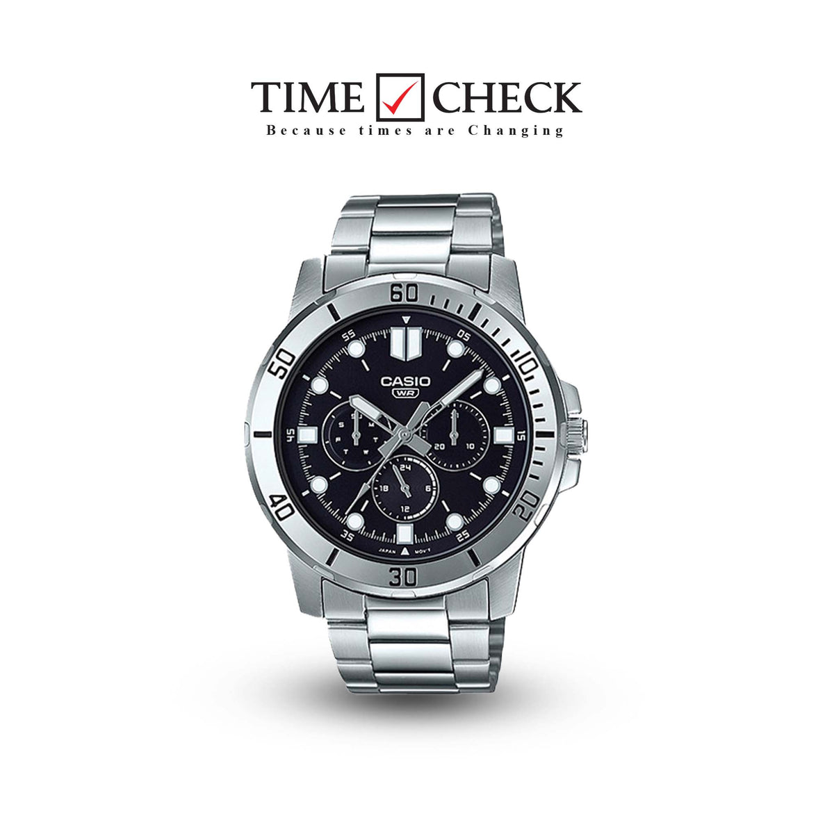 MTP-VD300D-1EUDF Casio Black Dial Silver Stainless Steel Analog Quartz Men's Watch. - Timecheck
