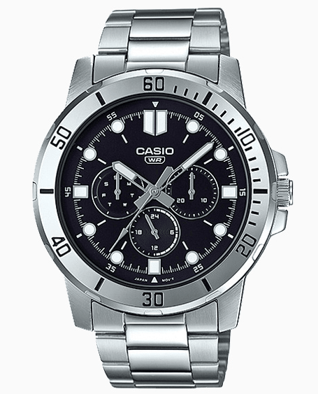 MTP-VD300D-1EUDF Casio Black Dial Silver Stainless Steel Analog Quartz Men's Watch. - Timecheck