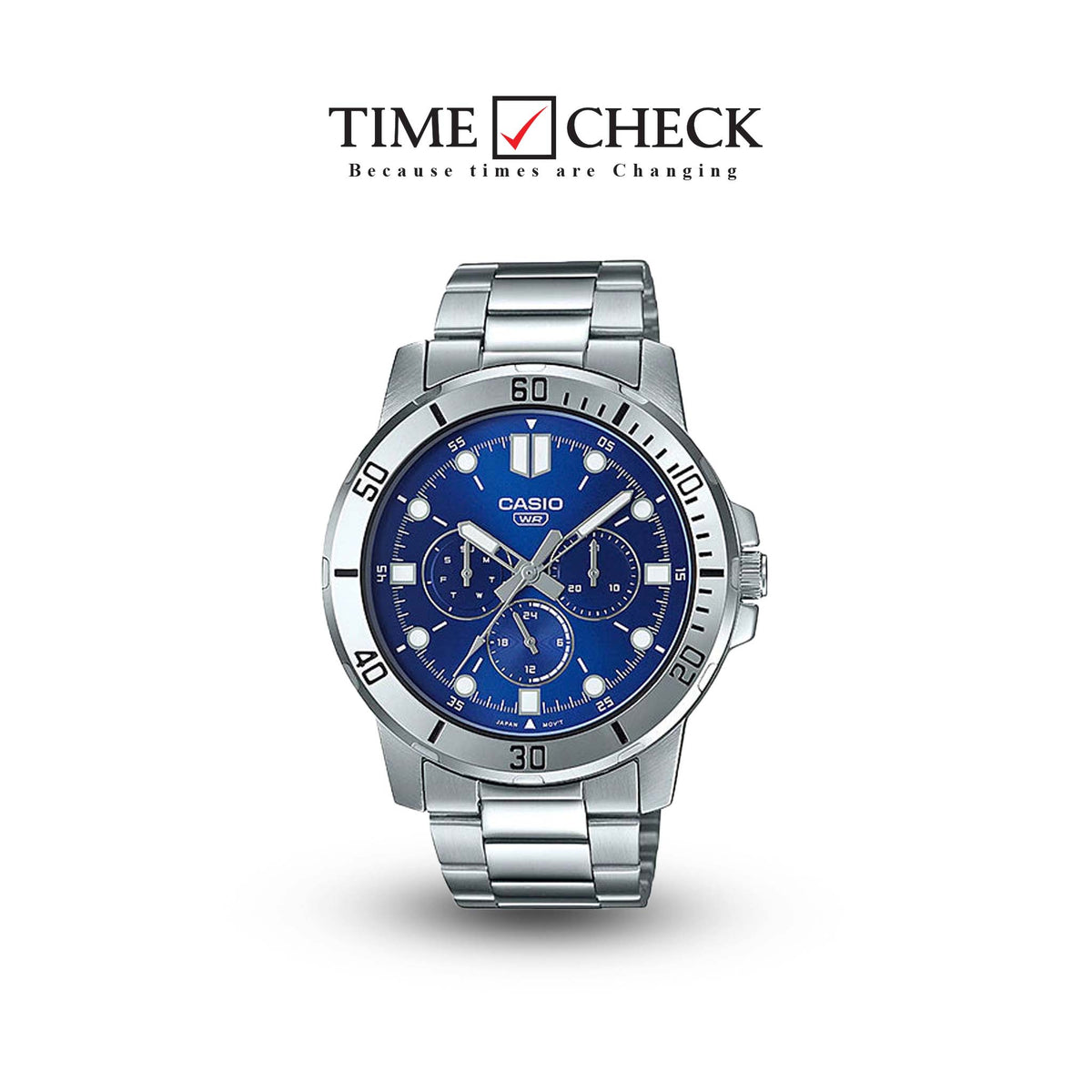 MTP-VD300D-2EUDF Casio Silver Stainless Steel 3 Dial Display Multi function Men's Watch. - Timecheck