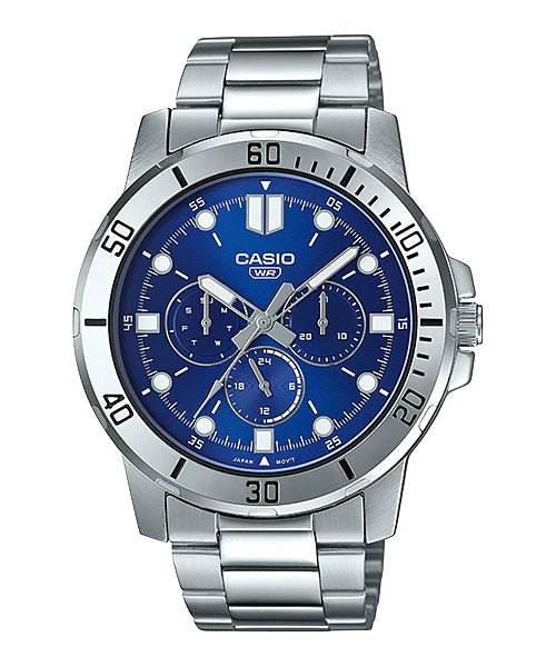 MTP-VD300D-2EUDF Casio Silver Stainless Steel 3 Dial Display Multi function Men's Watch. - Timecheck