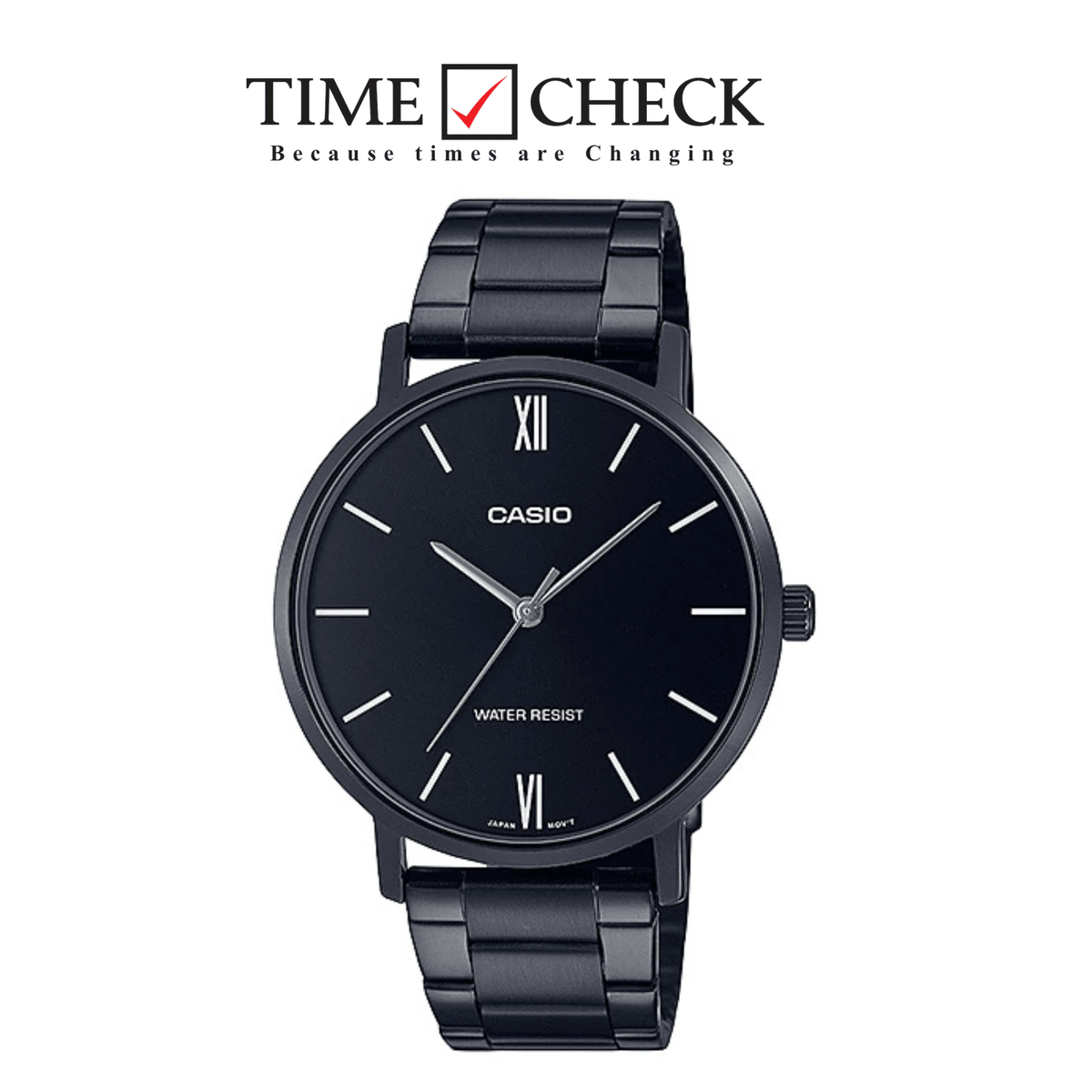Casio MTP-VT01B-1B men's watch featuring a stealthy all-black dial face and polished black stainless steel link bracelet