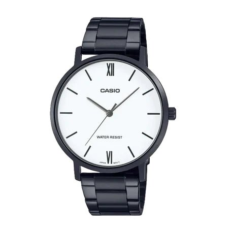 MTP-VT01B-7BUDF Casio Black IP Stainless Steel White Dial 3-Hand Analog Men's Watch. - Timecheck