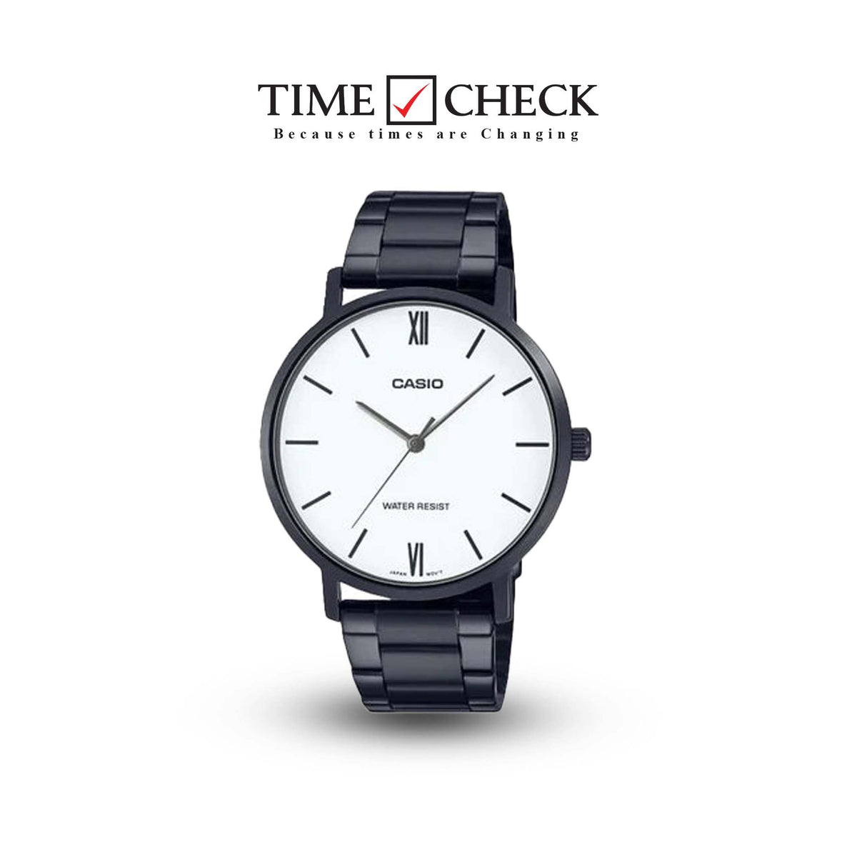 MTP-VT01B-7BUDF Casio Black IP Stainless Steel White Dial 3-Hand Analog Men's Watch. - Timecheck