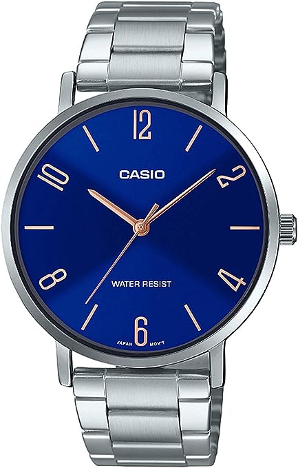 MTP-VT01D-2B2UDF Casio Stainless Steel Blue Dial 3-Hand Analog Men's Watch. - Timecheck