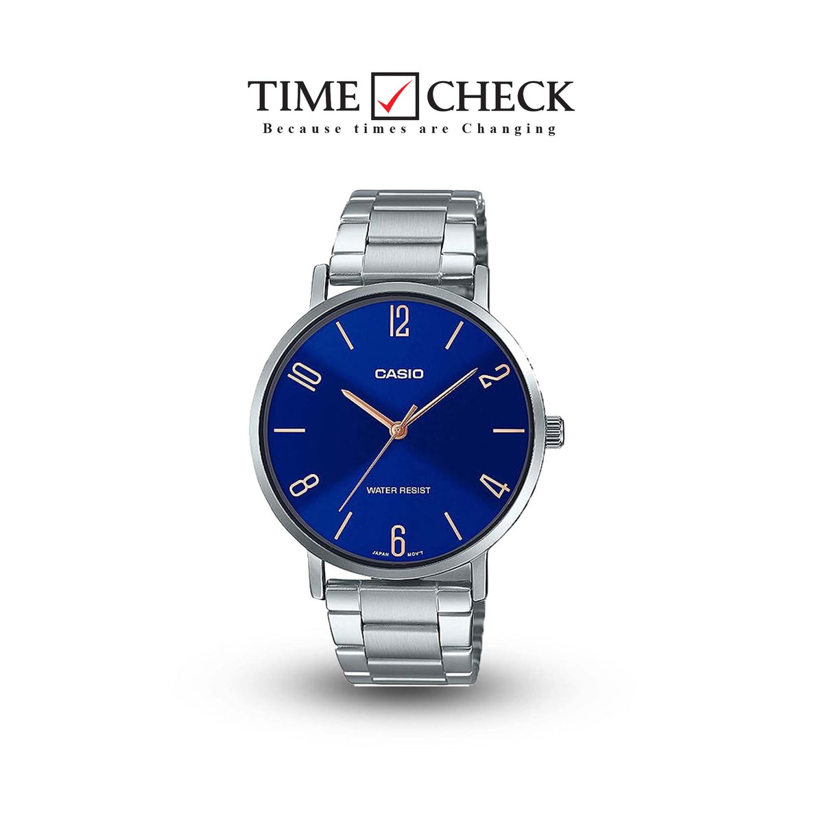 MTP-VT01D-2B2UDF Casio Stainless Steel Blue Dial 3-Hand Analog Men's Watch. - Timecheck