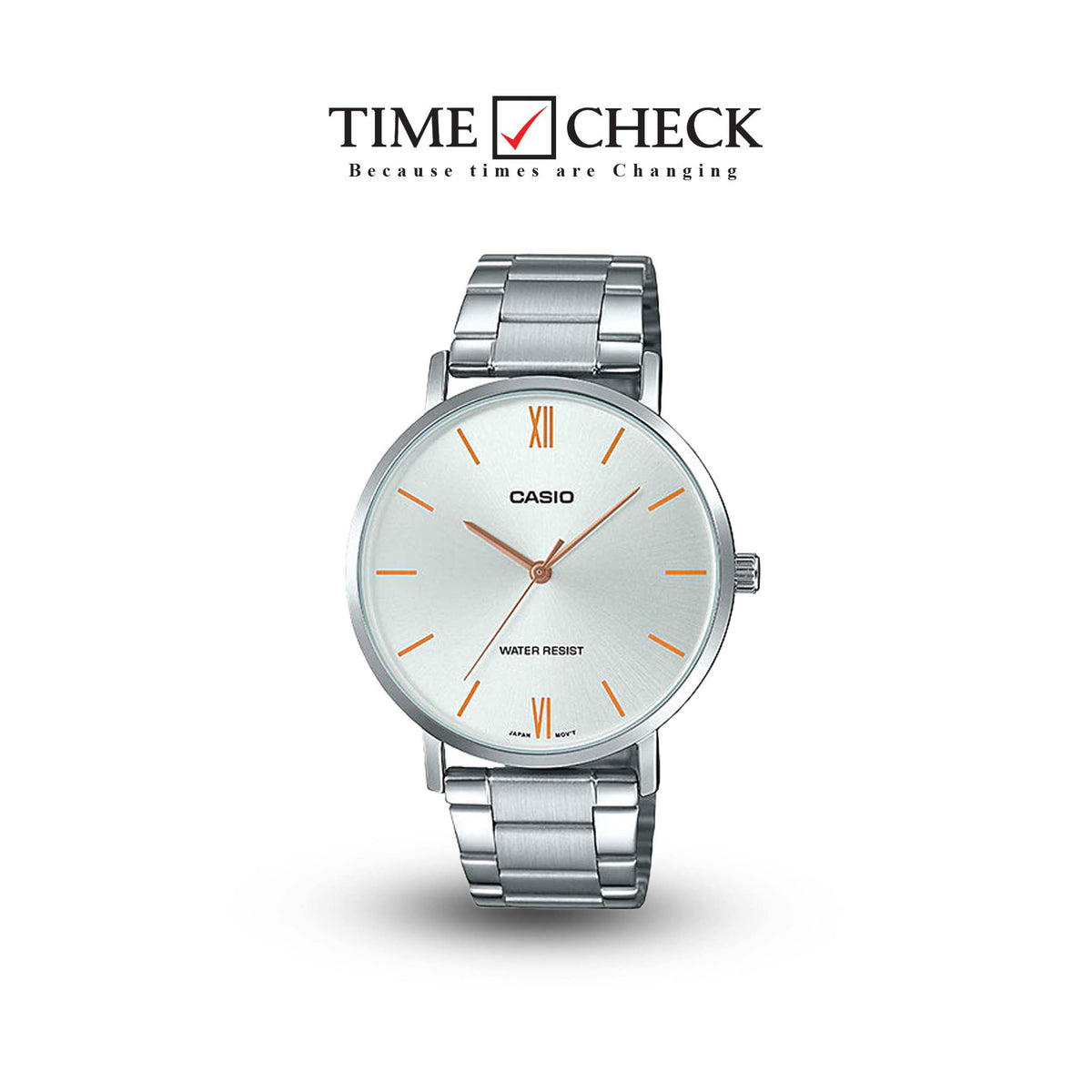 MTP-VT01D-7BUDF Stainless Steel Silver Dial 3-Hand Analog Quartz Men's Watch. - Timecheck