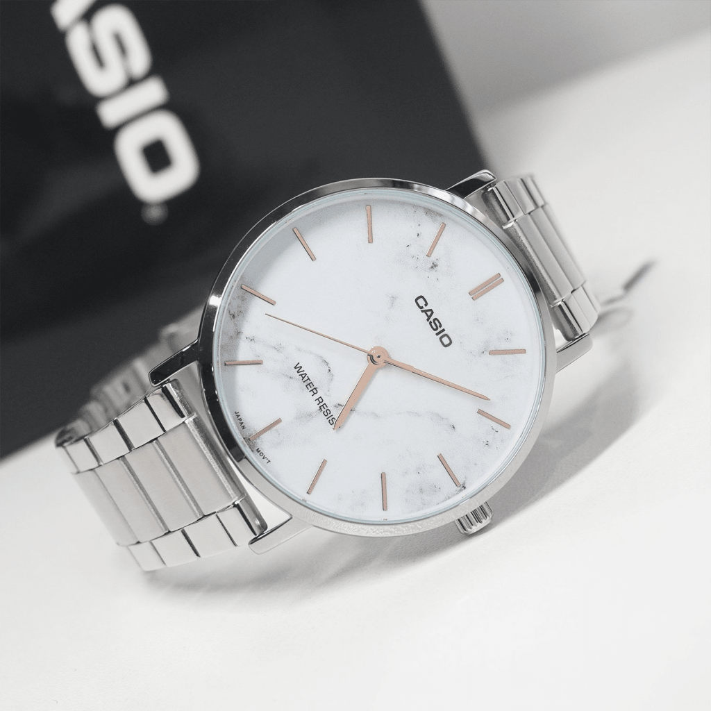 MTP-VT01DM-7AUDF Casio Marble Dial Stainless Steel Analog Quartz Men's Watch. - Timecheck