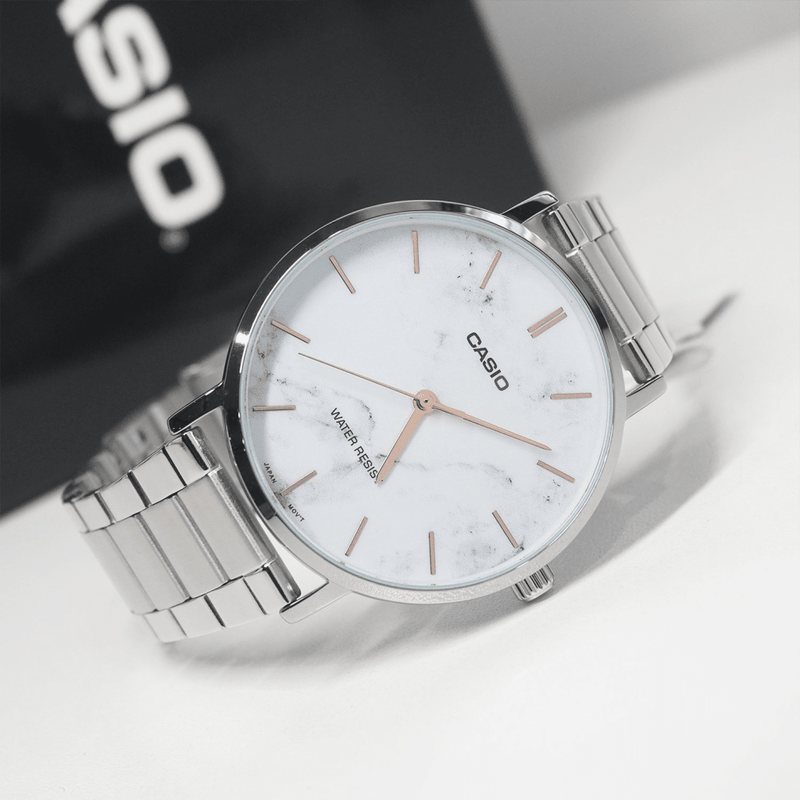 MTP-VT01DM-7AUDF Casio Marble Dial Stainless Steel Analog Quartz Men's Watch. - Timecheck