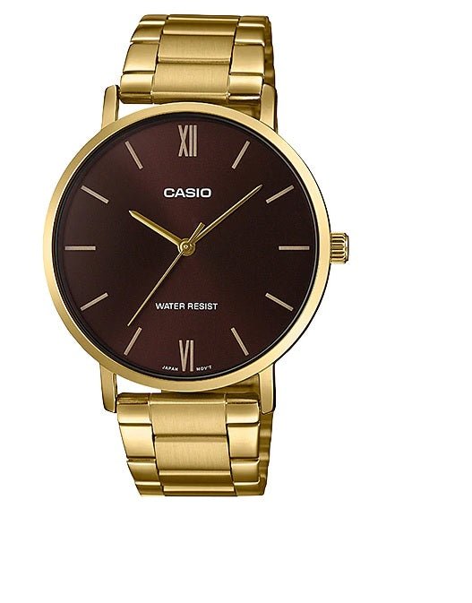 Casio MTP-VT01G-5BUDF men's watch featuring a rich brown analog dial and polished stainless steel bracelet