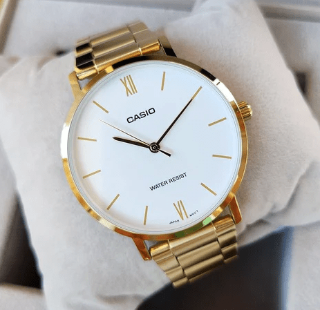 MTP-VT01G-7BUDF Casio White Dial Golden Stainless Steel Chain Analog Men's Watch. - Timecheck
