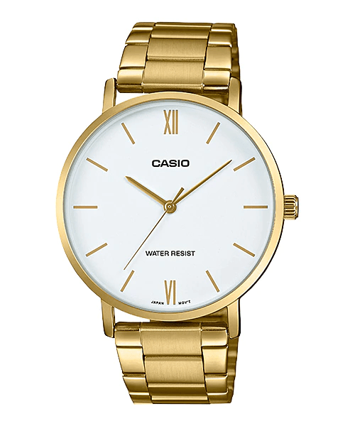 MTP-VT01G-7BUDF Casio White Dial Golden Stainless Steel Chain Analog Men's Watch. - Timecheck