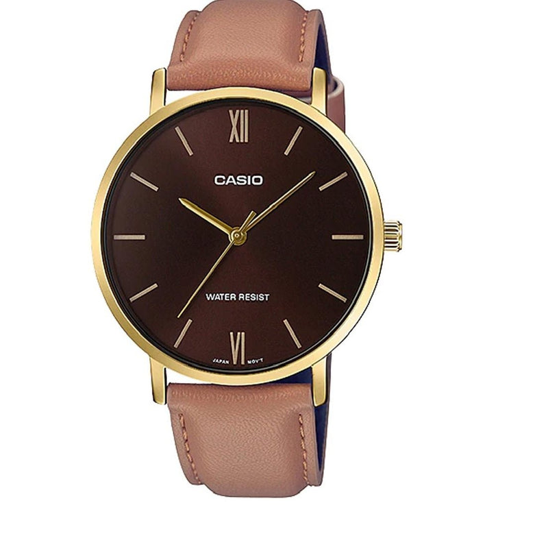 Casio MTP-VT01GL-5BUDF men's watch featuring a rich brown analog dial and durable stainless steel finish