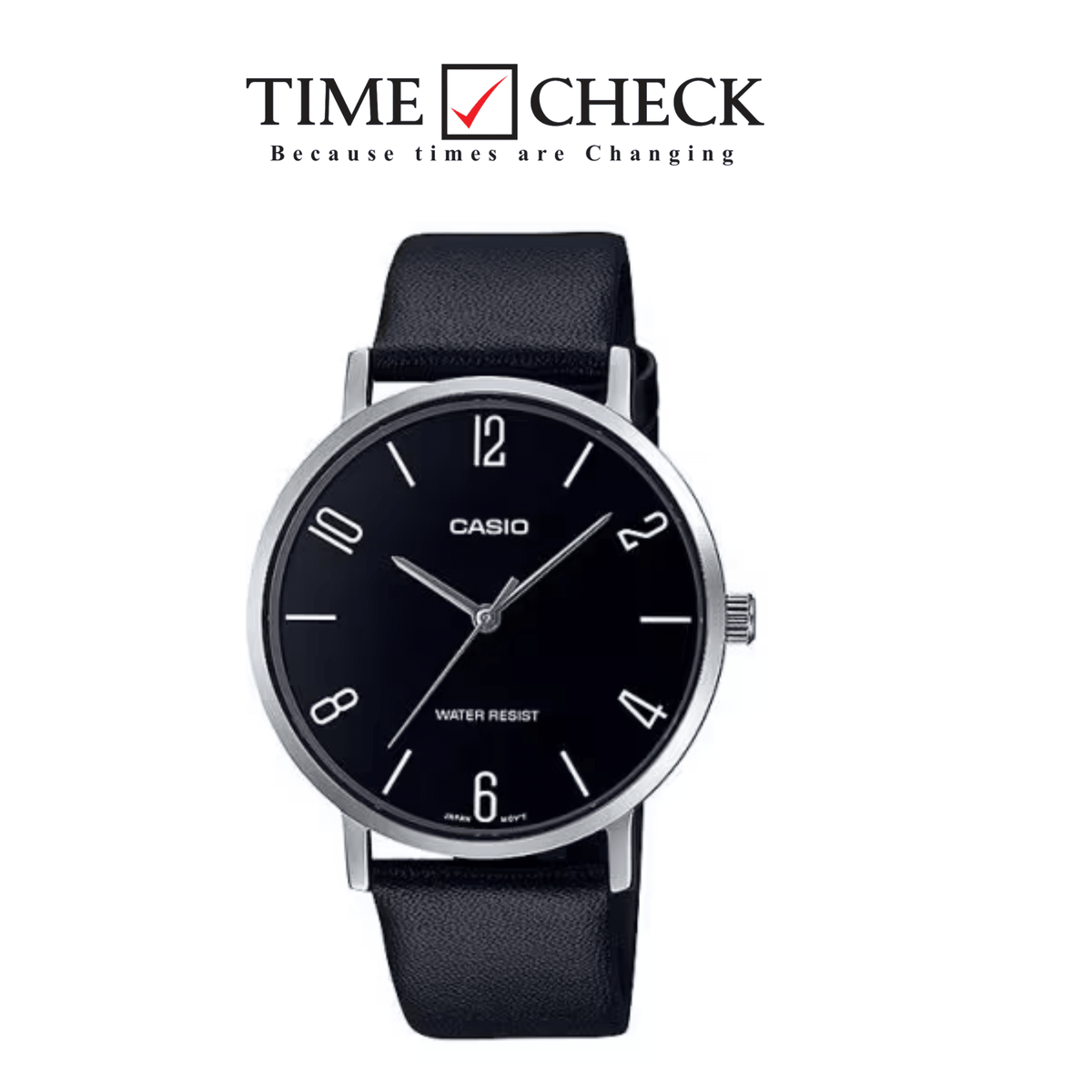 MTP-VT01L-1B2 Casio Black Dial Black Leather Strap Analog Quartz Men's Watch. - Timecheck