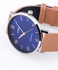 MTP-VT01L-2B2UDF Casio Blue Dial Brown Leather Band Analog Men's Watch. - Timecheck