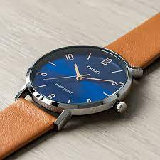 MTP-VT01L-2B2UDF Casio Blue Dial Brown Leather Band Analog Men's Watch. - Timecheck