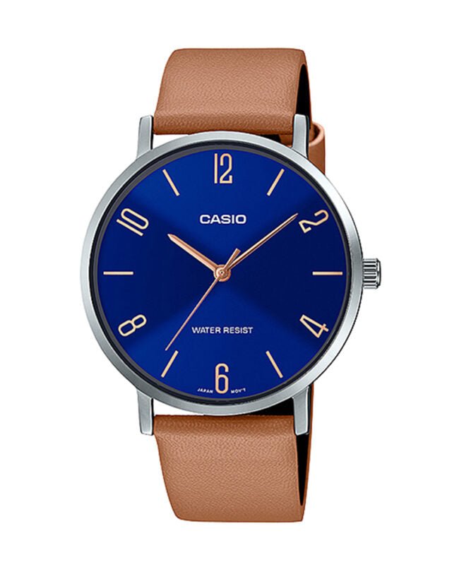 MTP-VT01L-2B2UDF Casio Blue Dial Brown Leather Band Analog Men's Watch. - Timecheck