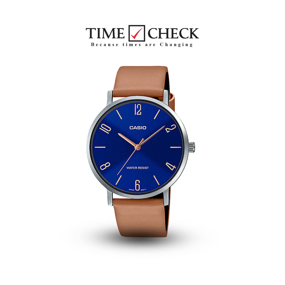 MTP-VT01L-2B2UDF Casio Blue Dial Brown Leather Band Analog Men's Watch. - Timecheck