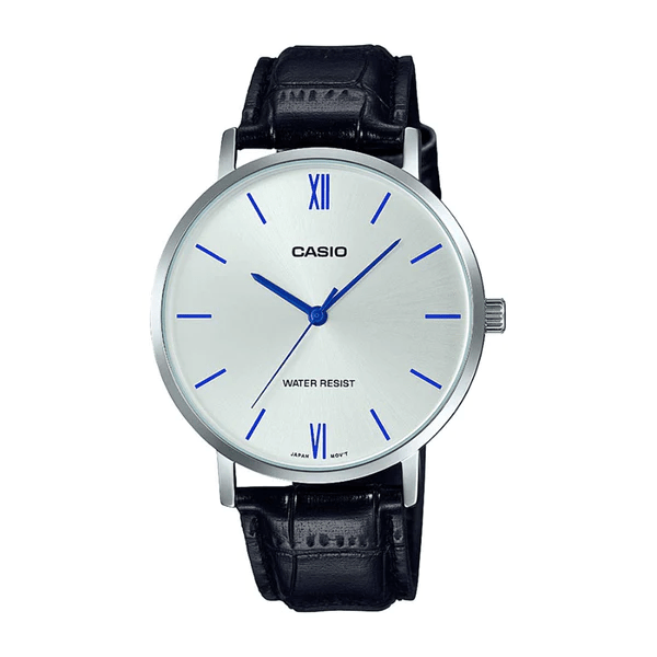 MTP-VT01L-7B1UDF Casio Silver Dial Black Leather Strap Analog Men's Watch. - Timecheck