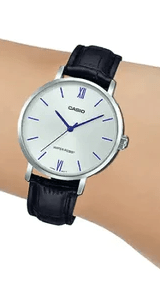 MTP-VT01L-7B1UDF Casio Silver Dial Black Leather Strap Analog Men's Watch. - Timecheck