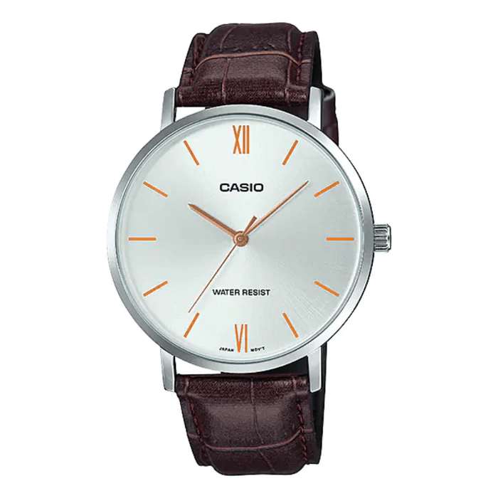 MTP-VT01L-7B2UDF Casio Silver Dial Brown Leather Strap Analog Men's Watch. - Timecheck
