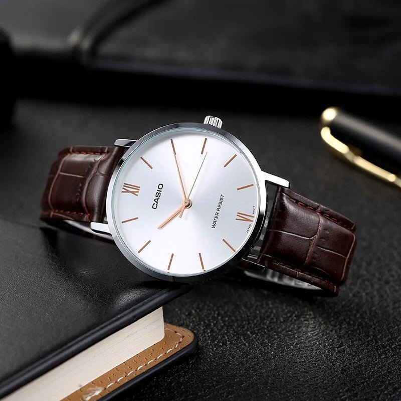 MTP-VT01L-7B2UDF Casio Silver Dial Brown Leather Strap Analog Men's Watch. - Timecheck