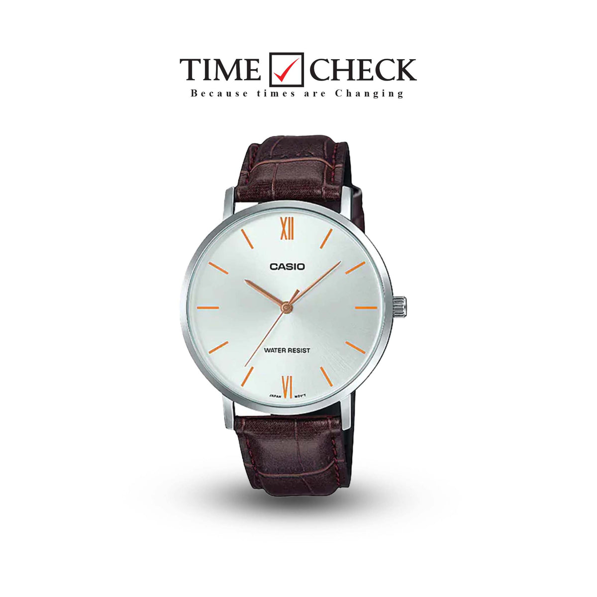 MTP-VT01L-7B2UDF Casio Silver Dial Brown Leather Strap Analog Men's Watch. - Timecheck