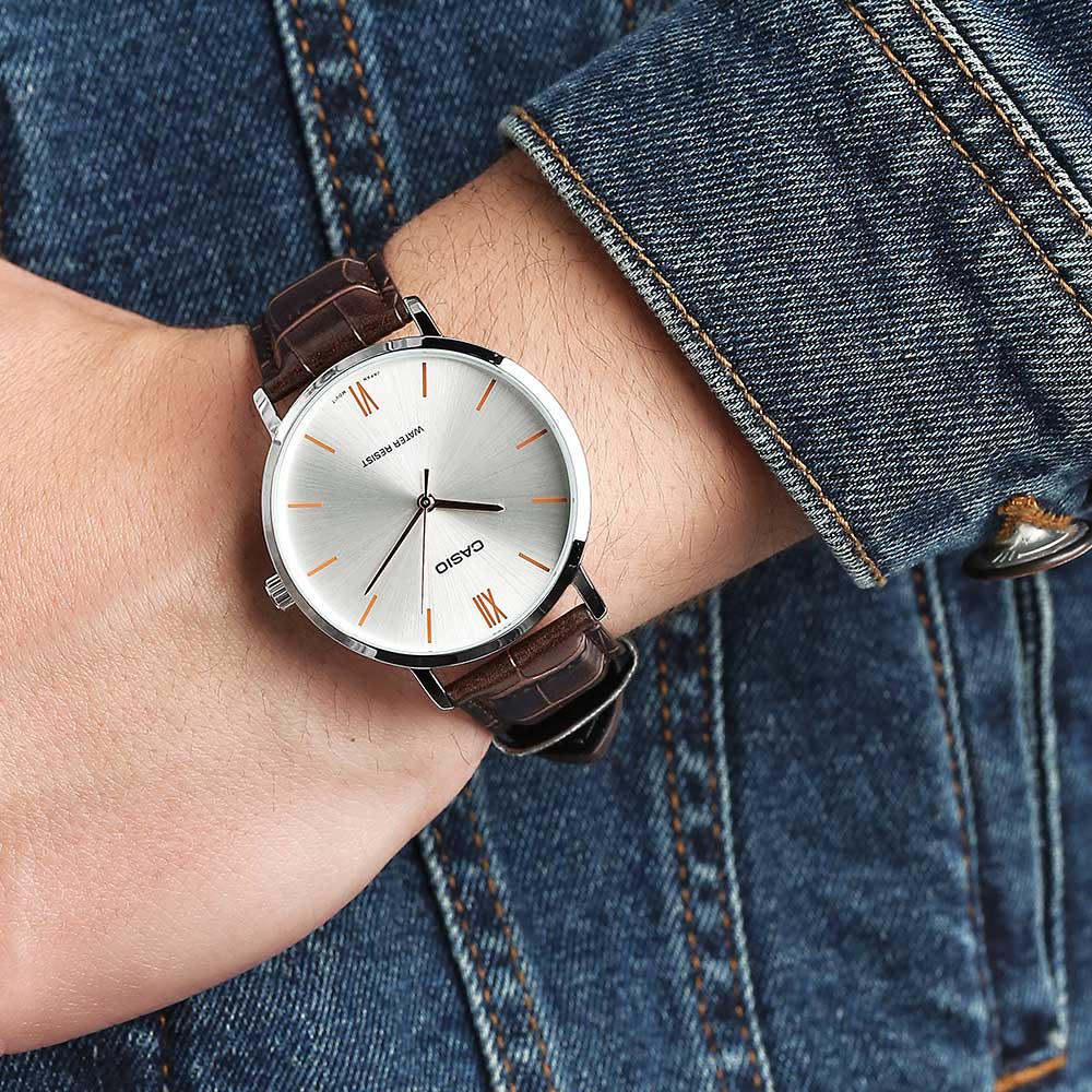 MTP-VT01L-7B2UDF Casio Silver Dial Brown Leather Strap Analog Men's Watch. - Timecheck