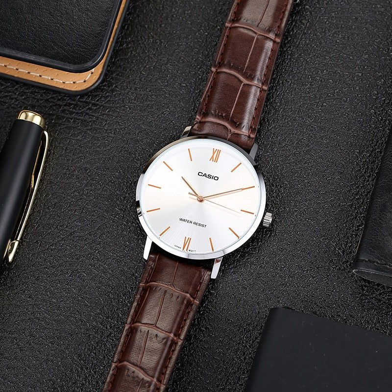 MTP-VT01L-7B2UDF Casio Silver Dial Brown Leather Strap Analog Men's Watch. - Timecheck