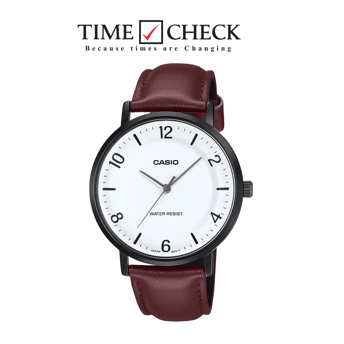 MTP-VT03BL-7B Casio White Dial White Steel Case Brown Leather Strap Analog Men's Watch. - Timecheck