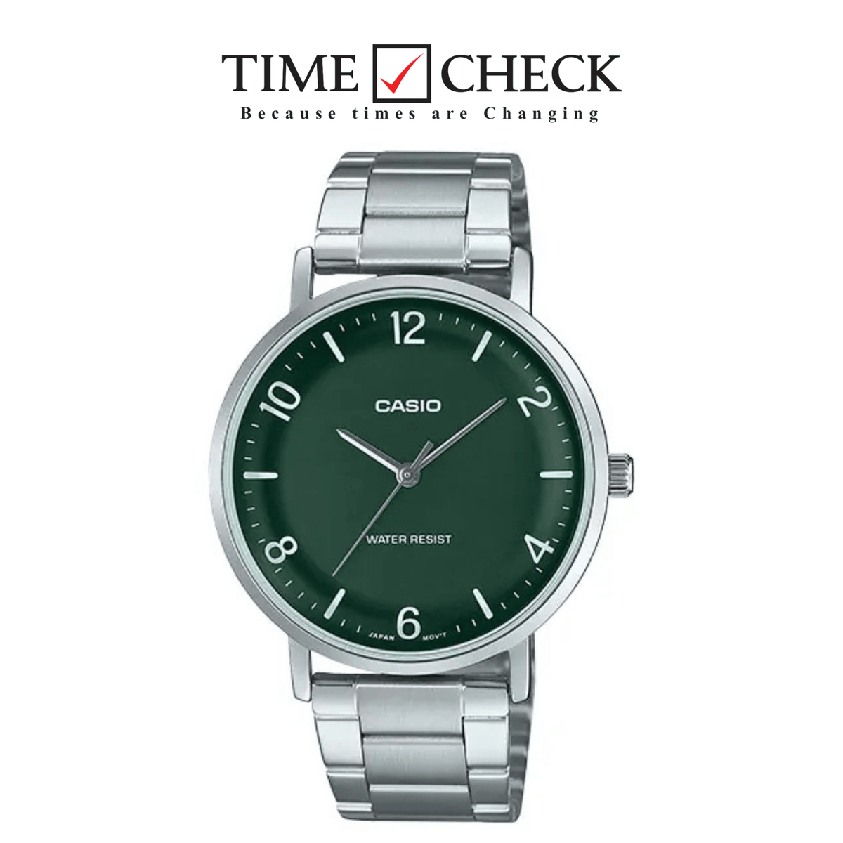 MTP-VT03D-3B Casio Green Dial Silver Stainless Steel Chain Analog Men's Watch - Timecheck