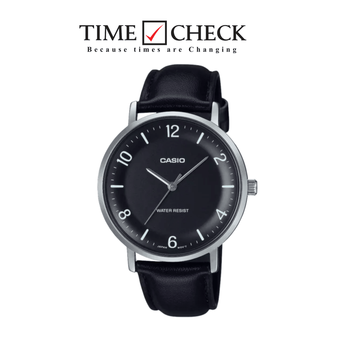 MTP-VT03L-1BDF Casio Black Dial Steel Case Black Leather Strap Analog Men's Watch. - Timecheck