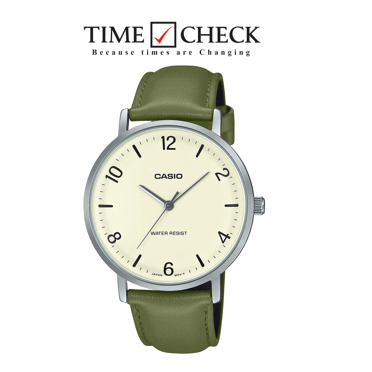 MTP-VT03L-7BDF Casio Beige Dial Steel Case Green Leather Strap Analog Men's Watch. - Timecheck