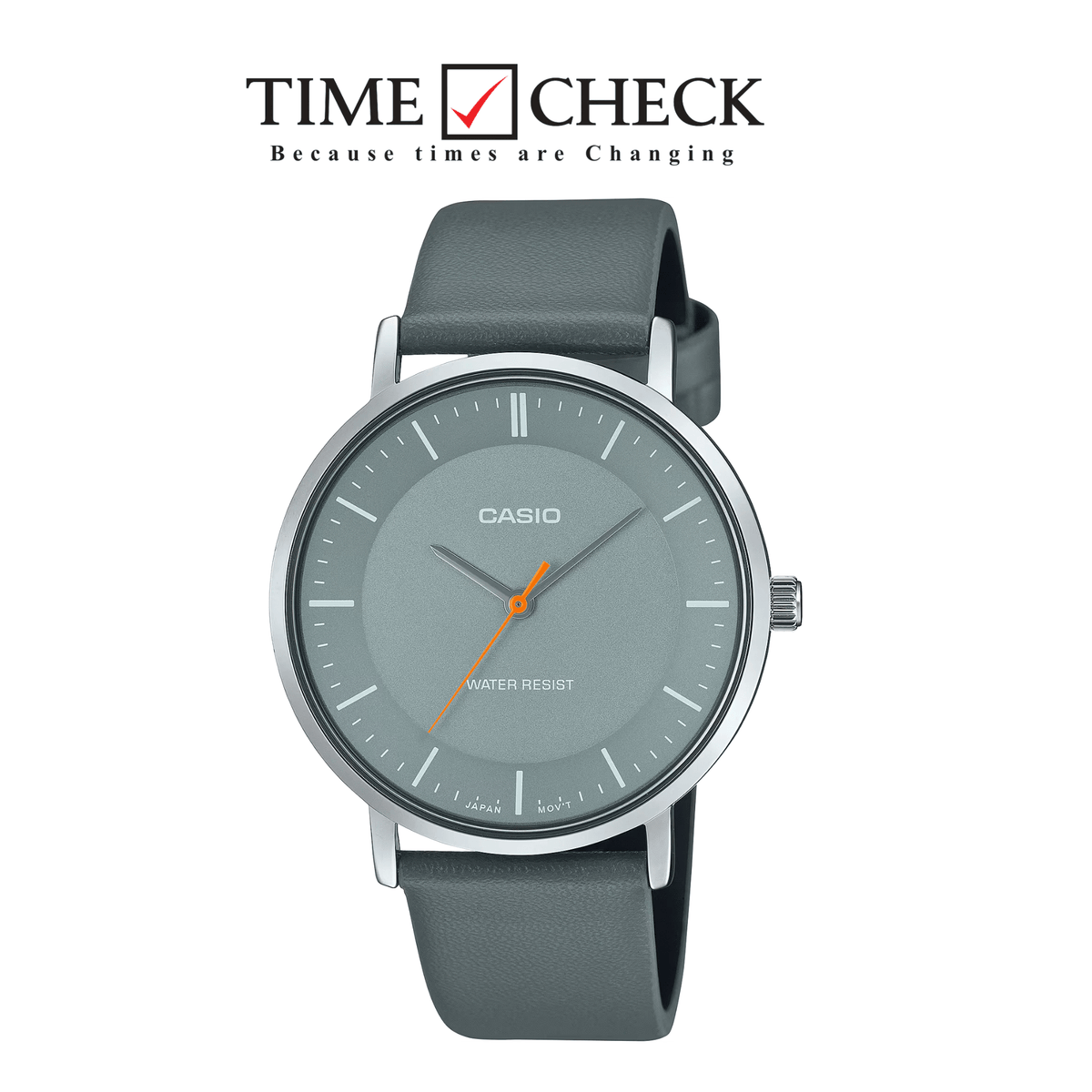 Casio MTP-VT04L-8EDF men's analog watch featuring a gray dial face, polished steel case, and sophisticated gray leather strap