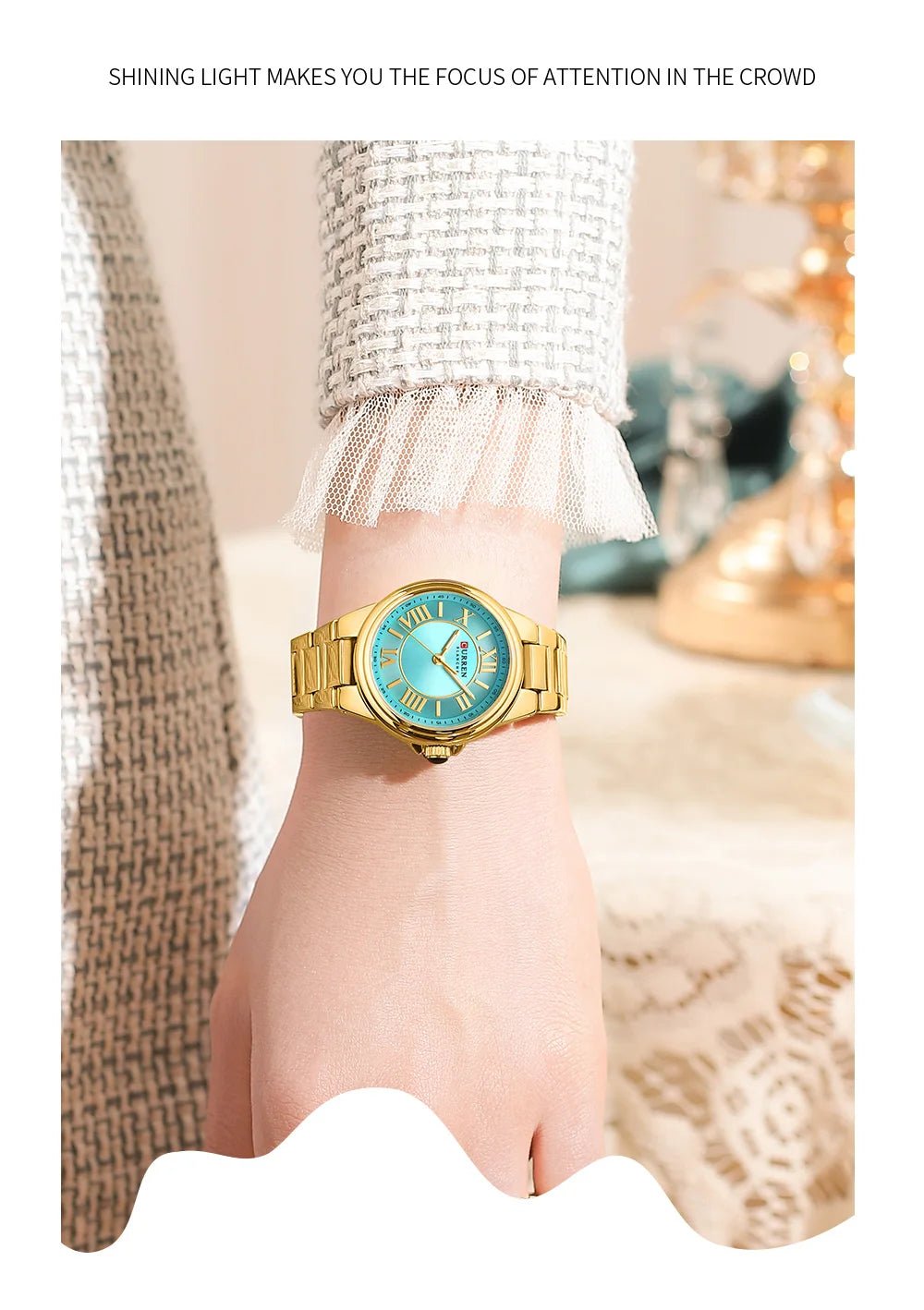 Quartz Women's C-9091L Curren SEA GREEN Dial Golden Stainless Steel AnalogWatch. - Timecheck