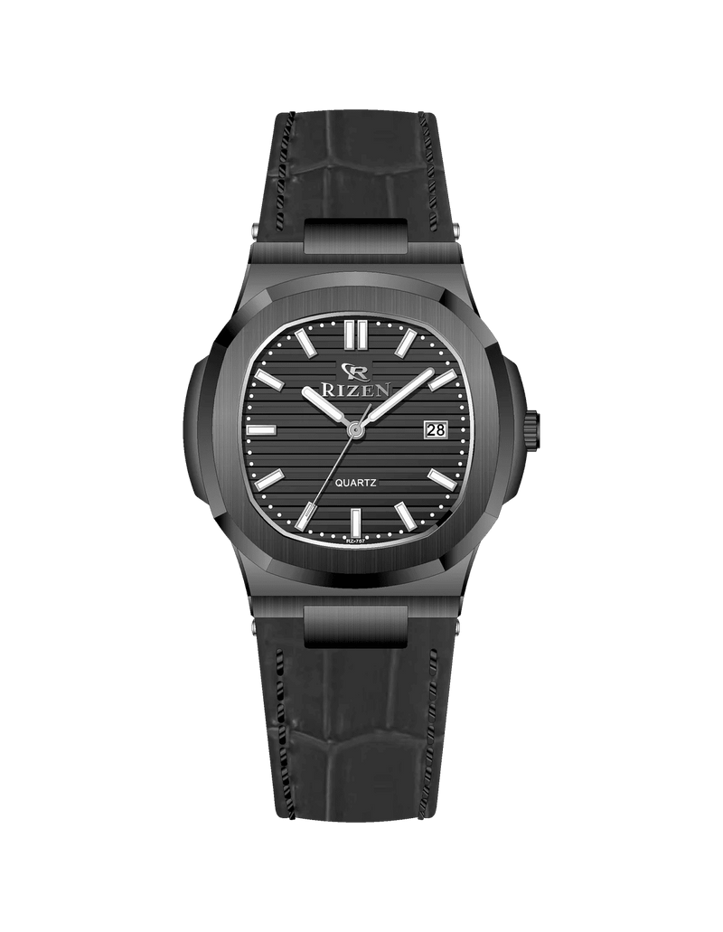 Rizen Aris Classic Black RZ-0757 Leather Strap Quartz - Timecheck