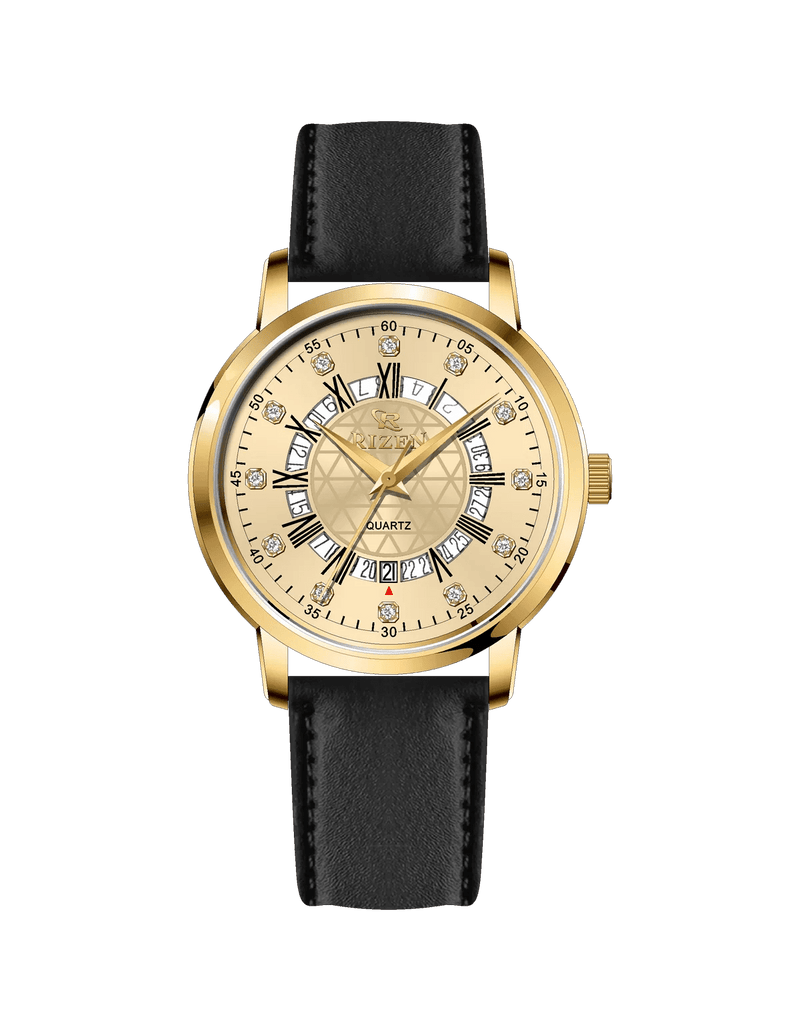 Rizen Cadris Gold RZ-0830 Leather Strap Quartz - Timecheck