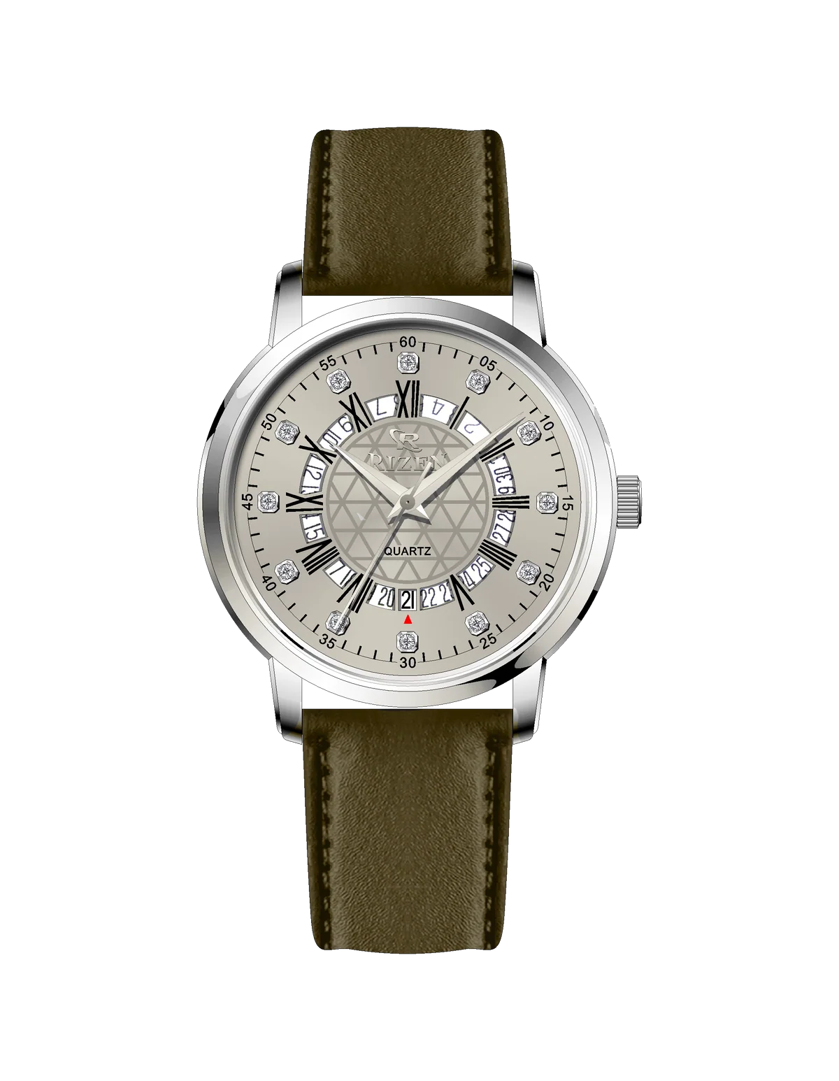 Rizen Cadris Silver RZ-0830 Leather Strap Quartz